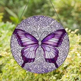 Tiffany Stained Glass Butterfly - Jewel Tone Violet Plum Lavender Opalescent Mosaic Art Stained Glass Suncatcher