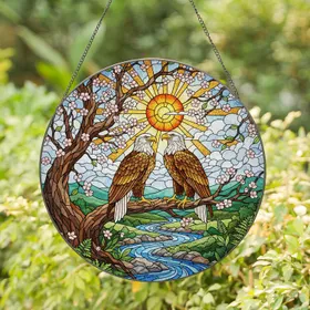 Majestic Bald Eagles Stained Glass Tiffany Art Cherry Blossom River Sky Jewel Tones Mosaic Stained Glass Suncatcher