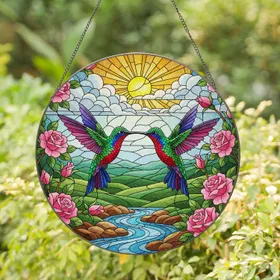 Hummingbirds & Roses Tiffany Stained Glass - Nature Stream Sun Edge-to-Edge Art Stained Glass Suncatcher