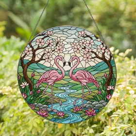 Pink Flamingos Stained Glass River Landscape with Water Lilies, Flowering Trees, Jewel Tones Stained Glass Suncatcher