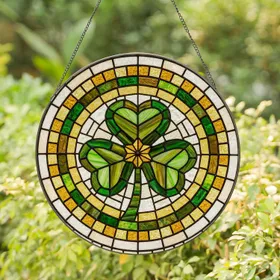 Tiffany Stained Glass Shamrock Clover Mosaic Art - Emerald Green & Gold Decor Stained Glass Suncatcher