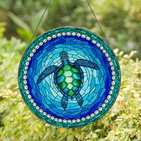 Detailed Sea Turtle Stained Glass Mosaic, Seashells, Swirling Underwater Currents Stained Glass Suncatcher