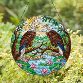 Two Bald Eagles Lotus Flowers River Landscape - Tiffany Stained Glass Art Piece Stained Glass Suncatcher