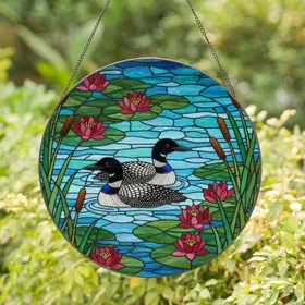 Loons Water Lilies Cattails Stained Glass Art - Tiffany Jewel Tones Aquatic Nature Design Stained Glass Suncatcher