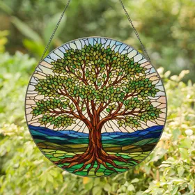 Tiffany Style Stained Glass Tree Roots Canopy Hills Sky - Jewel Tone Nature Art Stained Glass Suncatcher