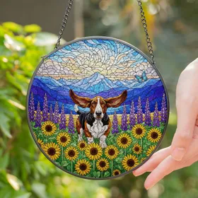 Tri-Color Basset Hound Stained Glass Playful Running Sunflower Mountain Tiffany Art Stained Glass Suncatcher