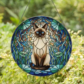 Siamese Cat Stained Glass, Aquatic Foliage, Tiffany Style Mosaic Art - Cat Lover Gift Stained Glass Suncatcher