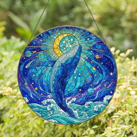 Blue Whale Breaching Starry Ocean Waves - Cosmic Moon Celestial Night Sky Tiffany Art Stained Glass Suncatcher
