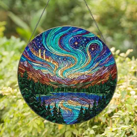 Mountain Lake Aurora Borealis Celestial Night Sky Pine Forest Peaks Glowing Art Stained Glass Suncatcher