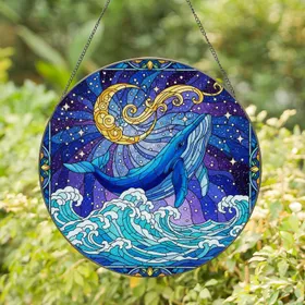 Blue Whale Ocean Waves Crescent Moon Stars Cosmic Night Sky Filigree Border - Home Decor Stained Glass Suncatcher