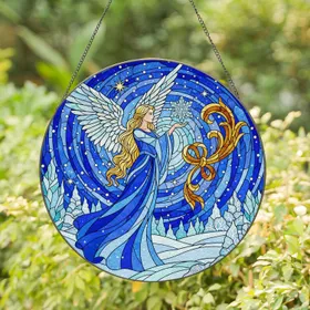 Elegant Blonde Angel Snowflake Tiffany Glass Winter Mosaic - Christmas Holiday Decor Gift Stained Glass Suncatcher