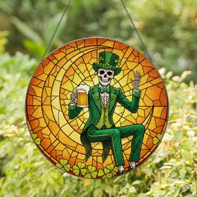 Festive Skeleton Leprechaun Green Tuxedo Clover - St. Patrick's Day Stained Glass Art Stained Glass Suncatcher