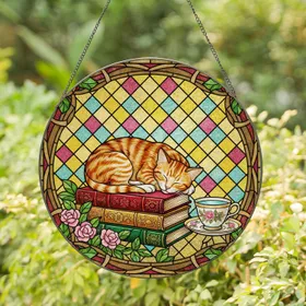 Fluffy Striped Tabby Cat Sleeping on Books Floral Teacup Tiffany Stained Glass Art Panel Stained Glass Suncatcher