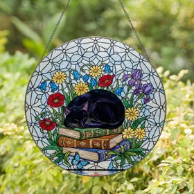 Black Cat Sleeping on Books Wildflower Butterfly Stained Glass Tiffany Mosaic Art - Cat Lover Gift Stained Glass Suncatcher