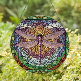 Purple Dragonfly Golden-Orange Tiffany Stained Glass Mosaic - Sky Water Foliage Design Stained Glass Suncatcher