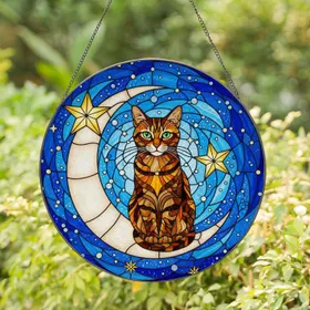 Tabby Cat on Crescent Moon Stained Glass Tiffany Style - Celestial Night Sky Art for Cat Lovers Stained Glass Suncatcher