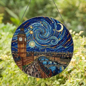 Big Ben London City Scene Van Gogh Starry Night Sky Tiffany Stained Glass Jewel Tone Stained Glass Suncatcher