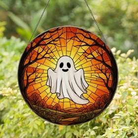 Stained Glass Ghost Autumn Sunset Gnarled Branches Tiffany Art Fall Halloween Decor Stained Glass Suncatcher