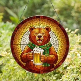 Intricate Brown Bear Smiling Beer Mug Tiffany Glass Mosaic Art Glowing Jewel Tones Stained Glass Suncatcher