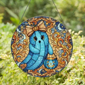 Blue Patchwork Ghost Floral Bow Pumpkin Trick-or-Treat Autumn Celestial Halloween Stained Glass Suncatcher