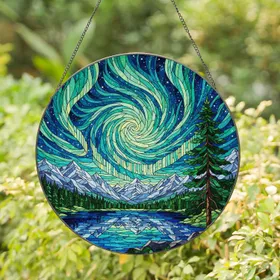 Majestic Swirling Aurora Borealis Mountain Lake - Stained Glass Pine Tree Tiffany Art Stained Glass Suncatcher