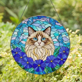 Fluffy Ragdoll Cat Tiffany Stained Glass - Blue Butterflies & Purple Flowers Gift Stained Glass Suncatcher