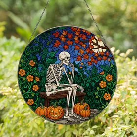 Skeletal Figure Pumpkin Jack-O-Lantern Autumn Vines Stained Glass Halloween Decor Stained Glass Suncatcher