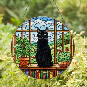 Black Cat Stained Glass Window Scene - Bookshelf Houseplant Home Decor Gift for Cat Lovers Stained Glass Suncatcher