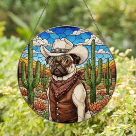 Pug Cowboy Tiffany Style Stained Glass Desert Saguaro Cactus Dog Lover Gift Stained Glass Suncatcher
