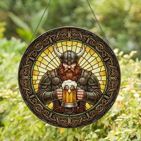 Viking Warrior Beer Stein Horned Helmet Stained Glass Celtic Viking Knot Art for Men Stained Glass Suncatcher