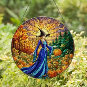 Witch Pumpkin Patch Autumn Sunset Stained Glass - Tiffany Style Halloween Fall Decor Gift Stained Glass Suncatcher