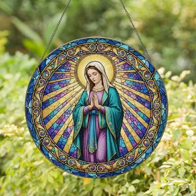 Virgin Mary Prayer Stained Glass with Halo - Celestial Mosaic Jewel Tone Religious Decor Stained Glass Suncatcher