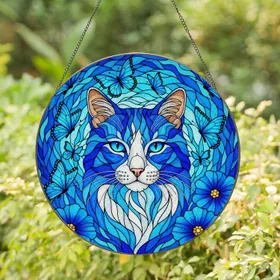 Blue White Cat Head Tiffany Glass Suncatcher, Blue Butterflies & Flowers Mosaic Home Decor Stained Glass Suncatcher