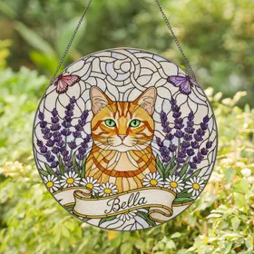 Orange Tabby Cat Bella Banner Lavender Daisy Butterfly Tiffany Glass Style Stained Glass Suncatcher