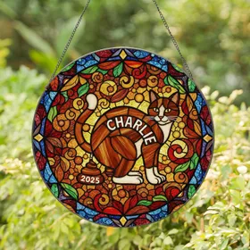 Brown Cat CHARLIE with 2025 Poop Charm - Detailed Tiffany Stained Glass Mosaic Style Stained Glass Suncatcher