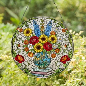Stained Glass Flower Bouquet Vase Amy's Library Books Tiffany Style Art - Home Decor Gift Stained Glass Suncatcher