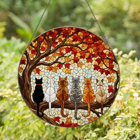 Stained Glass Six Cats Autumn Tree Branch Jewel Tones Mosaic - Cat Lover Home Decor Gift Stained Glass Suncatcher