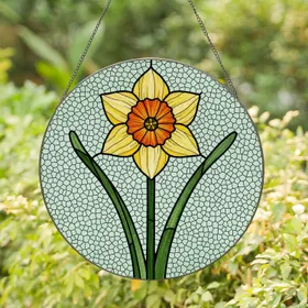 Vibrant Daffodil Stained Glass Flower - Deep Orange Yellow Intricate Tiffany Mosaic Art Stained Glass Suncatcher