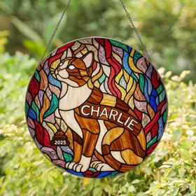 Stylized Calico Cat 'CHARLIE' 2025 Poop Charm - Tiffany Glass Mosaic Pet Lover Gift Stained Glass Suncatcher