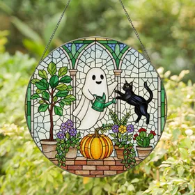 White Ghost Black Cat Pumpkin Greenhouse Stained Glass - Autumn Halloween Decor Gift Stained Glass Suncatcher