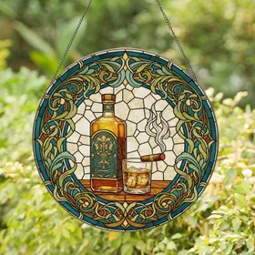 Stained Glass Art Nouveau Amber Whiskey Bottle Glass Cigar Bar Decor Gift For Him Stained Glass Suncatcher