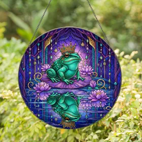 Crowned Frog Lily Pad Lotus Flowers Stained Glass - Opulent Filigree Pond Garden Decor Stained Glass Suncatcher