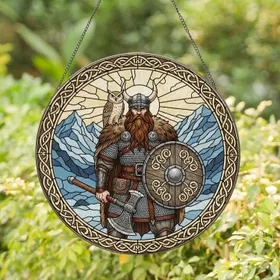 Viking Warrior Horned Helmet Axe Shield Owl Norse Knotwork Nordic Mountains Tiffany Art Stained Glass Suncatcher