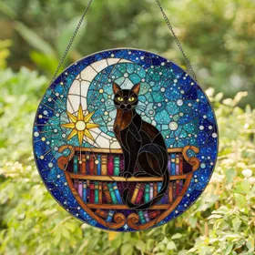 Black Cat Bookshelf Moon Star Stained Glass - Tiffany Night Sky Constellation Decor Stained Glass Suncatcher