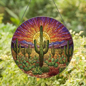 Saguaro Cactus Desert Sunset Prickly Pear Tiffany Style Jewel Tone Intricate Patterns Stained Glass Suncatcher