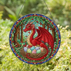 Red Dragon Easter Egg Nest Enchanted Forest Tiffany Glass - Spring Holiday Gift Stained Glass Suncatcher