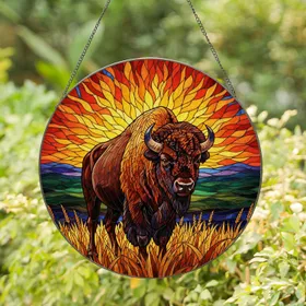 Majestic American Bison Prairie Sunset Tiffany Stained Glass Mosaic Art Glowing Jewel Tones Stained Glass Suncatcher