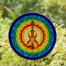 Classical Violin Stained Glass Mosaic Art - Jewel Tone Radiant Abstract Geometric Home Decor Stained Glass Suncatcher