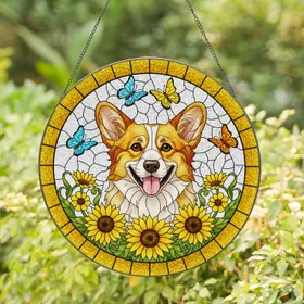 Welsh Corgi Sunflowers Butterflies - Tiffany Style Intricate Golden Mosaic Window Art Stained Glass Suncatcher