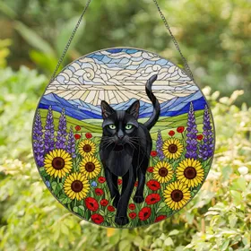 Black Cat Sunflowers Wildflowers Mountains Stained Glass Jewel Tones - Cat Lover Decor Stained Glass Suncatcher